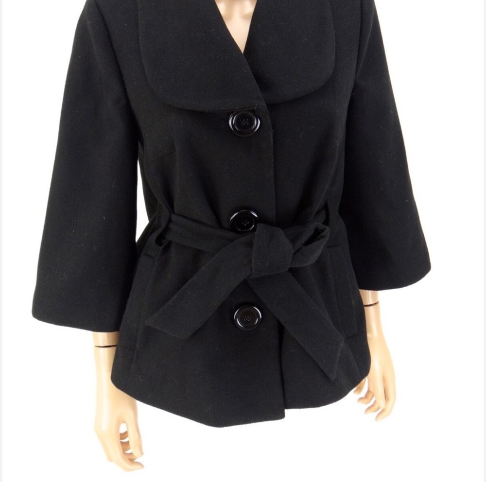 Women’s Black Belted Coat Jacket Button Front Elegant Dressy Chic Style